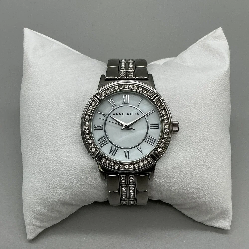 Anne Klein AK/1207 Womens Watch 32mm MOP Silver Tone Crystal New Battery 6.5